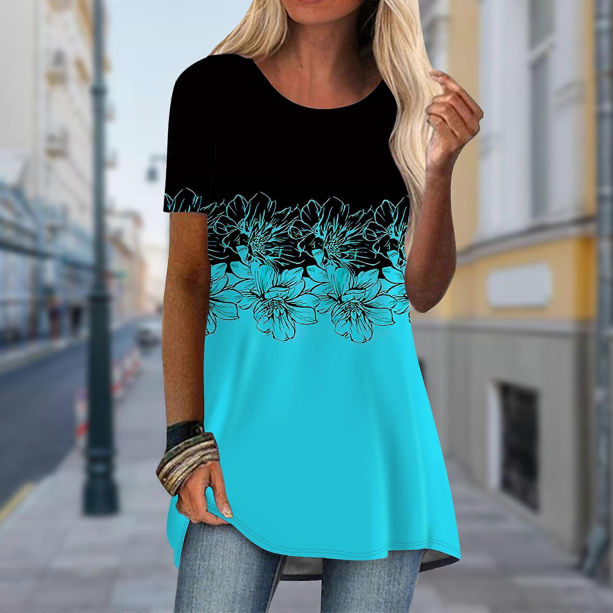 Plus Size Femei Primăvară Fundal Albastru Floare Mare Imprimat Confortabil Manșon Scurt Guler Rotund Tricou Casual Baggy Mid Length Tee Tops