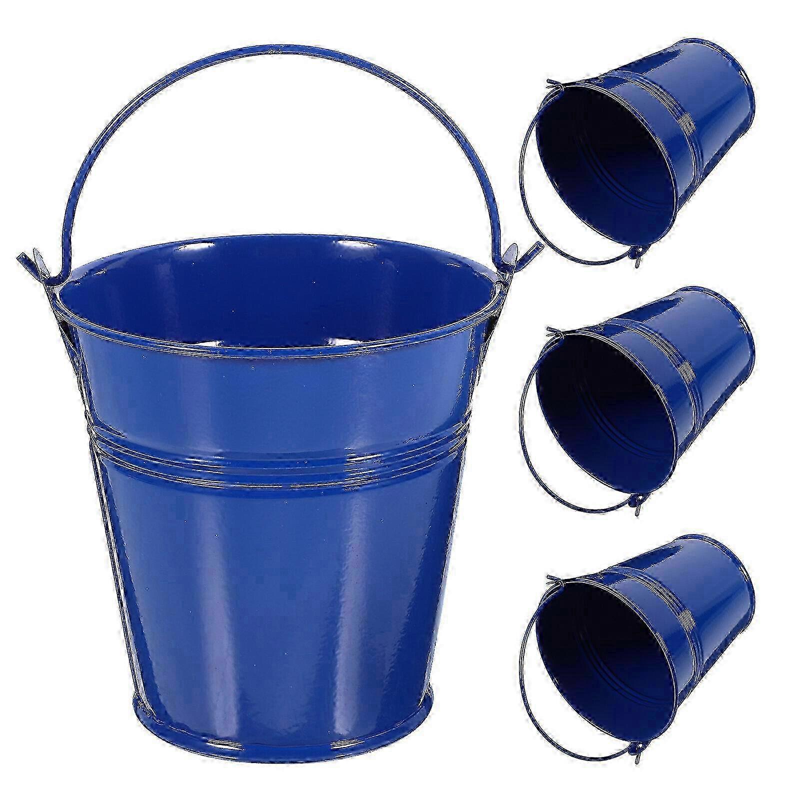 ハンドル付き4個の小さな金属製バケツ 鉄製プランター 装飾収納 10x10x7cm ブルー
