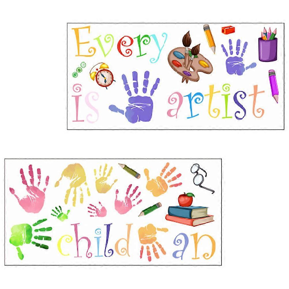 2 Sheets Removable Wall Decal Stickers for Classroom Nursery Room Decor – Colorful Handprint Pencil and Book Patterns, Easy to Apply and Peel