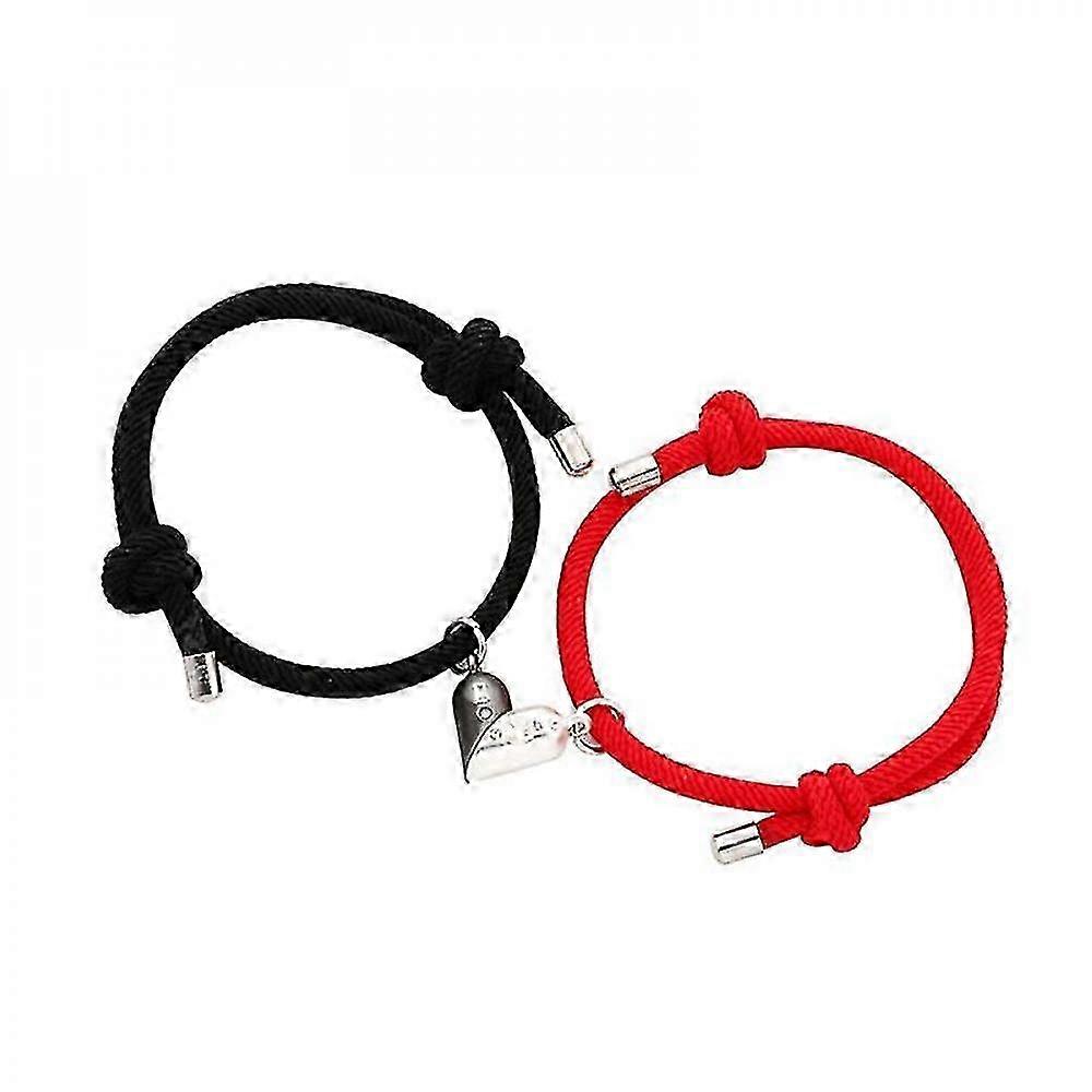 Couples Magnetic Bracelets with Heart Charms - Red & Black