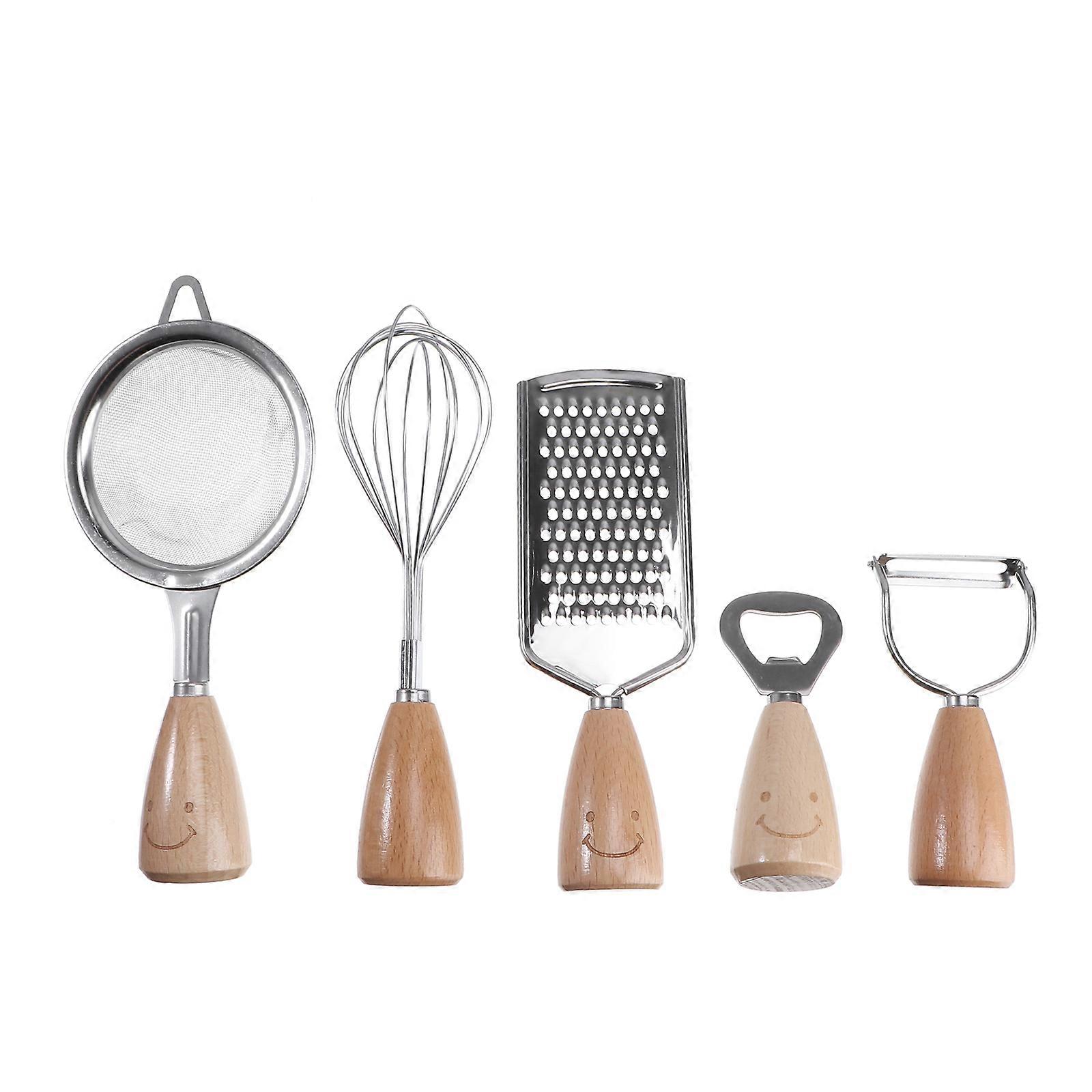 5 Piece Stainless Steel & Beechwood Kitchen Utensil Set – Simple, Stylish Cooking Tools for Baking and Everyday Use – Easy Storage Design