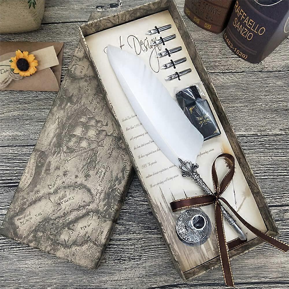 Calligraphy Pen Set With Real Feather And Stainless Steel Nib, Ink Included, Antique Executive Writing Tool, White