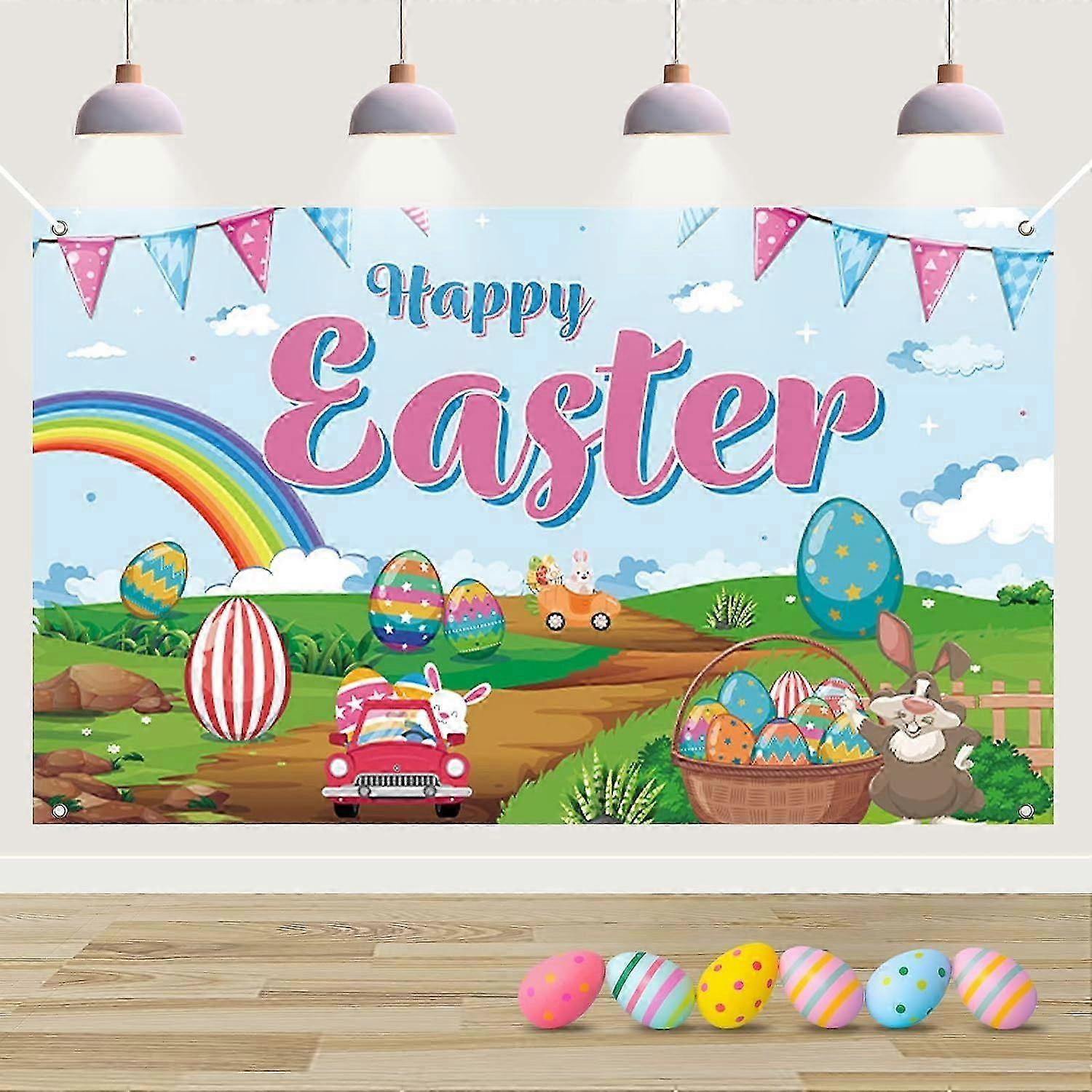 Easter Backdrop Banner, Easter Decorations Happy Easter Banner Colorful Background Decoration
