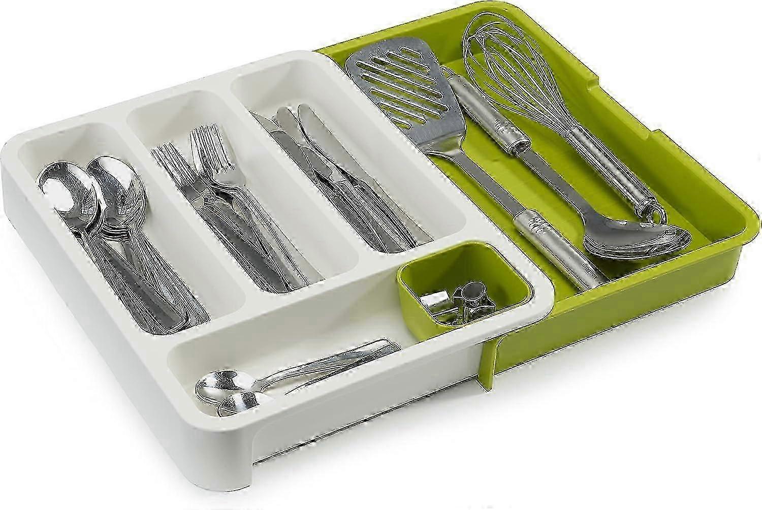 Expandable Cutlery Tray For Drawer, Adjustable Drawer Organizer - White/green