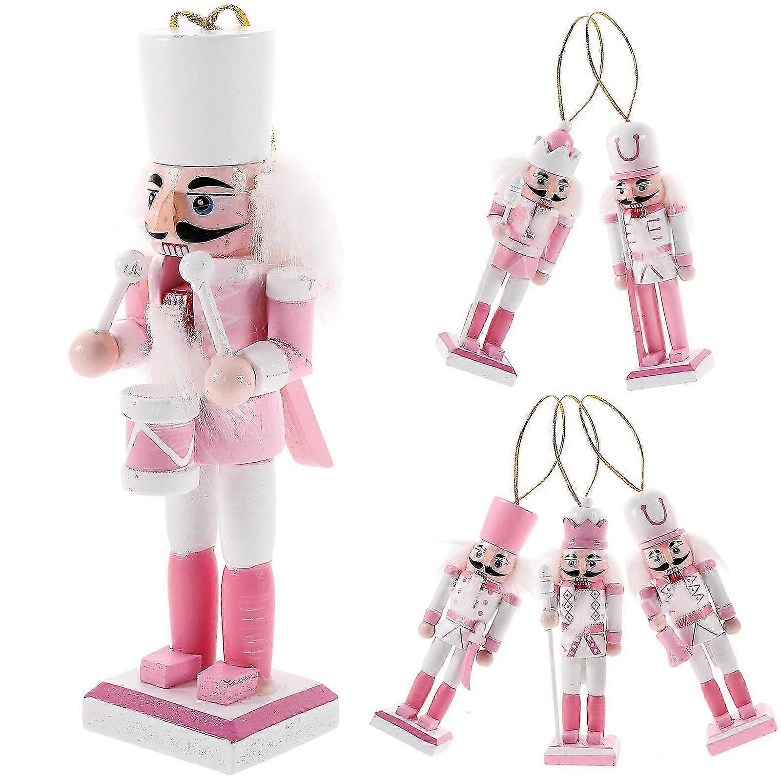 Nutcracker Puppet Soldier Ornaments Wooden Nutcracker 6Pcs for Family Friends Party Decoration in Pink