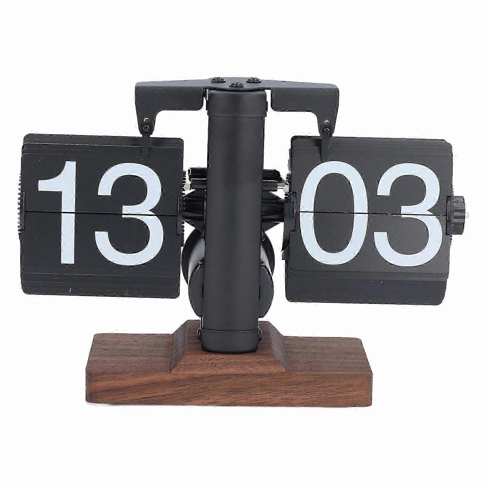 Minimalist Retro Flip Clock with Wooden Base and Matte Black Frame 24-Hour Display Mechanical Timepiece