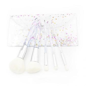 Veeki 5pcs Makeup Brush Set PVC Packaging, Clear Diamond Crystal Handle Eye Brush Blush Brush Beauty ToolsLaser Gradient Handle-Silver Mouth Tube