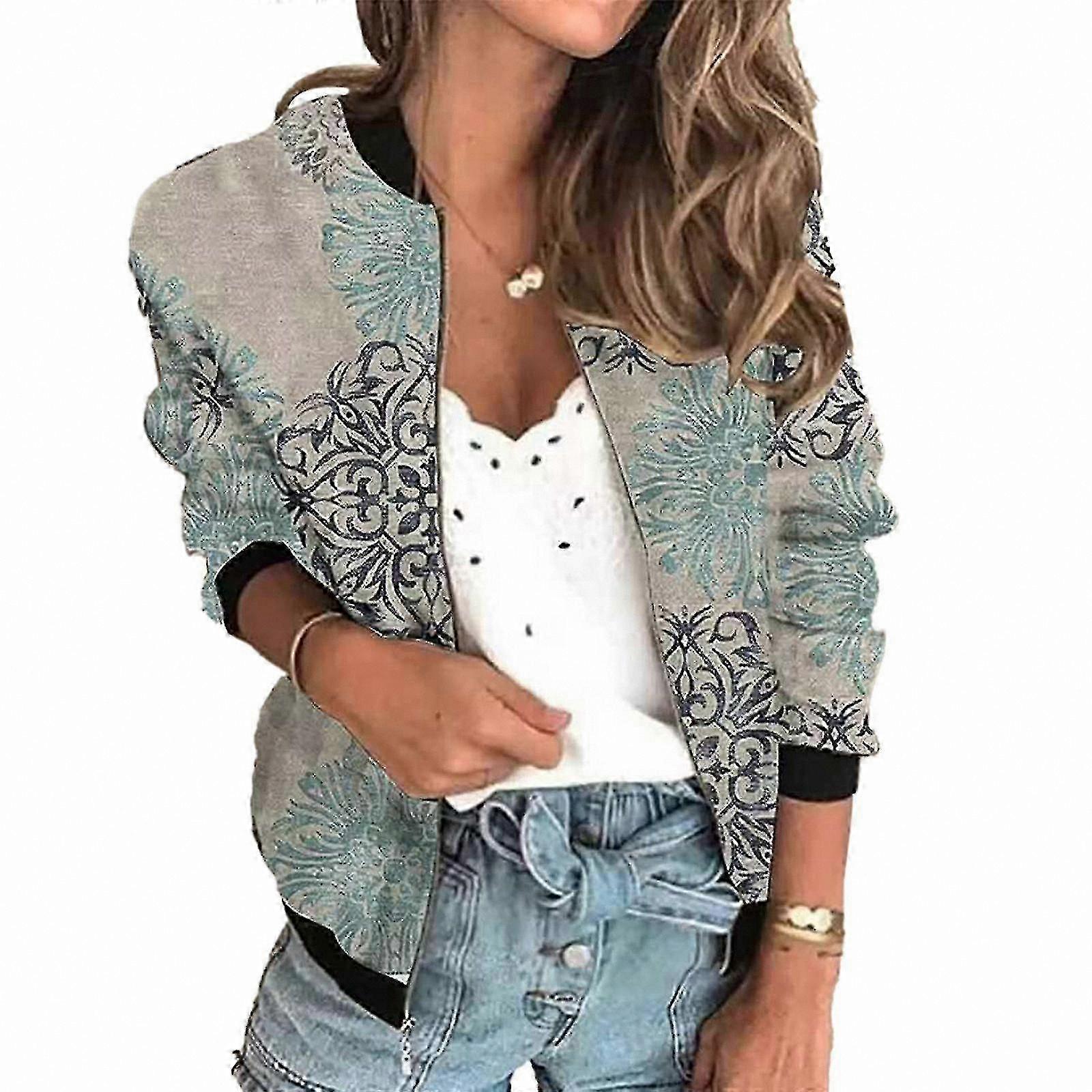 Women's Printed Zipper Short Jacket Long Sleeve Panel Spring Autumn Top
