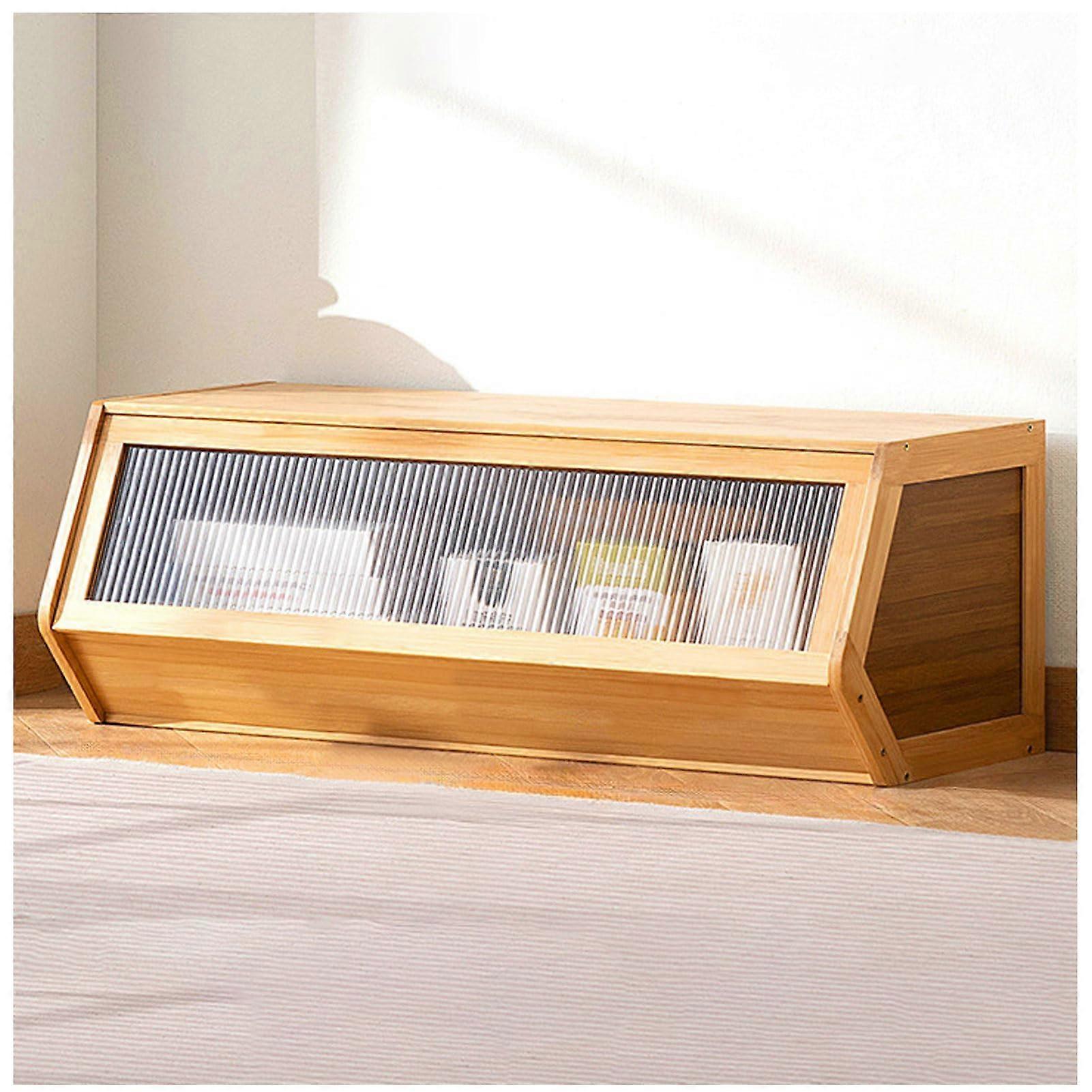 Bamboo Storage Bin Organizer with Transparent Flip Door, Stackable EcoFriendly Cabinet 86x31cm