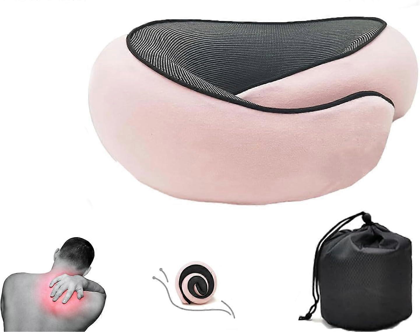 Memory Foam Travel Neck Pillow with Chin Support, Adjustable Strap, Washable Cover, Pink