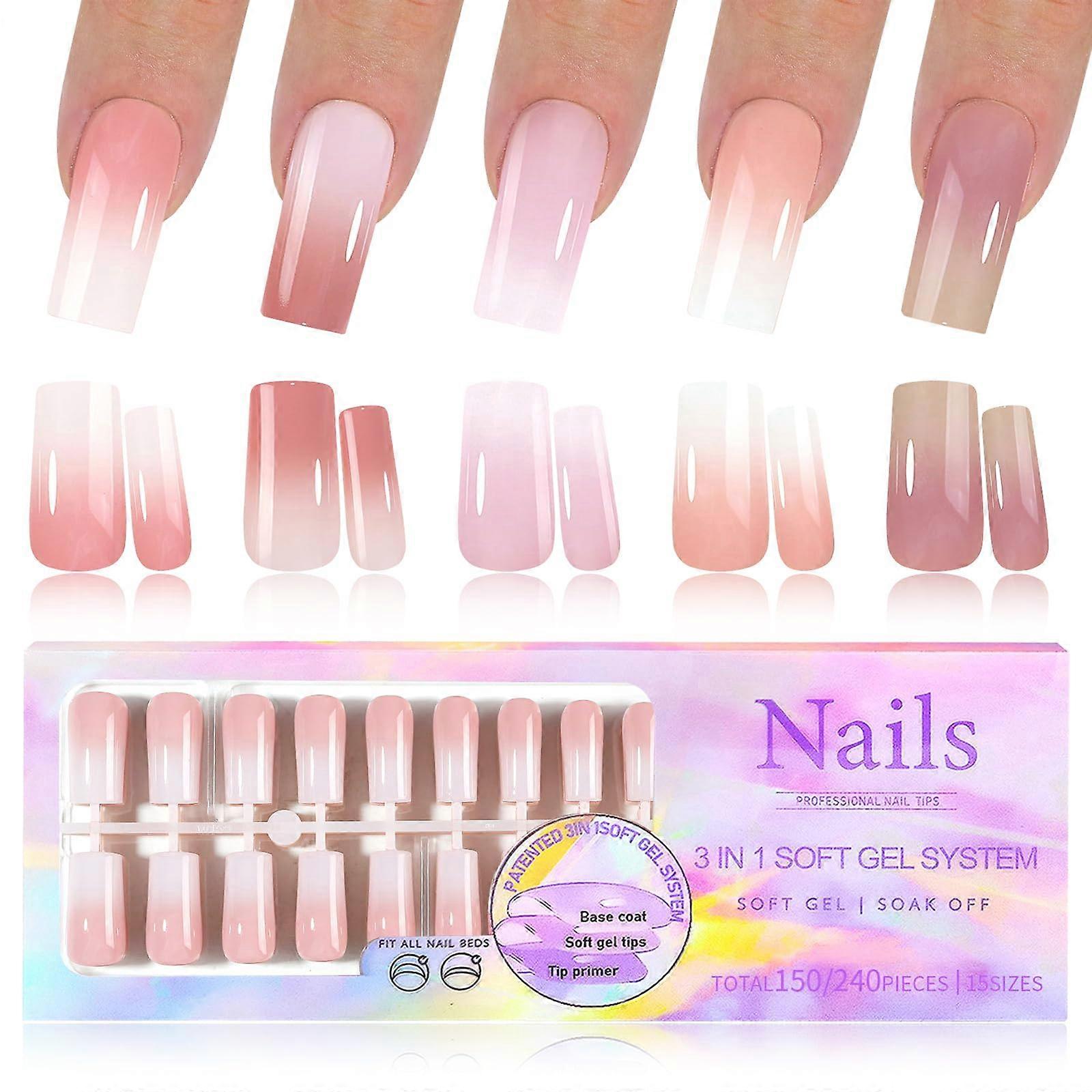 Long Ombre Press On Nails 150pcs Set, PreColored Soft Gel Tips with Glossy Gradient Finish