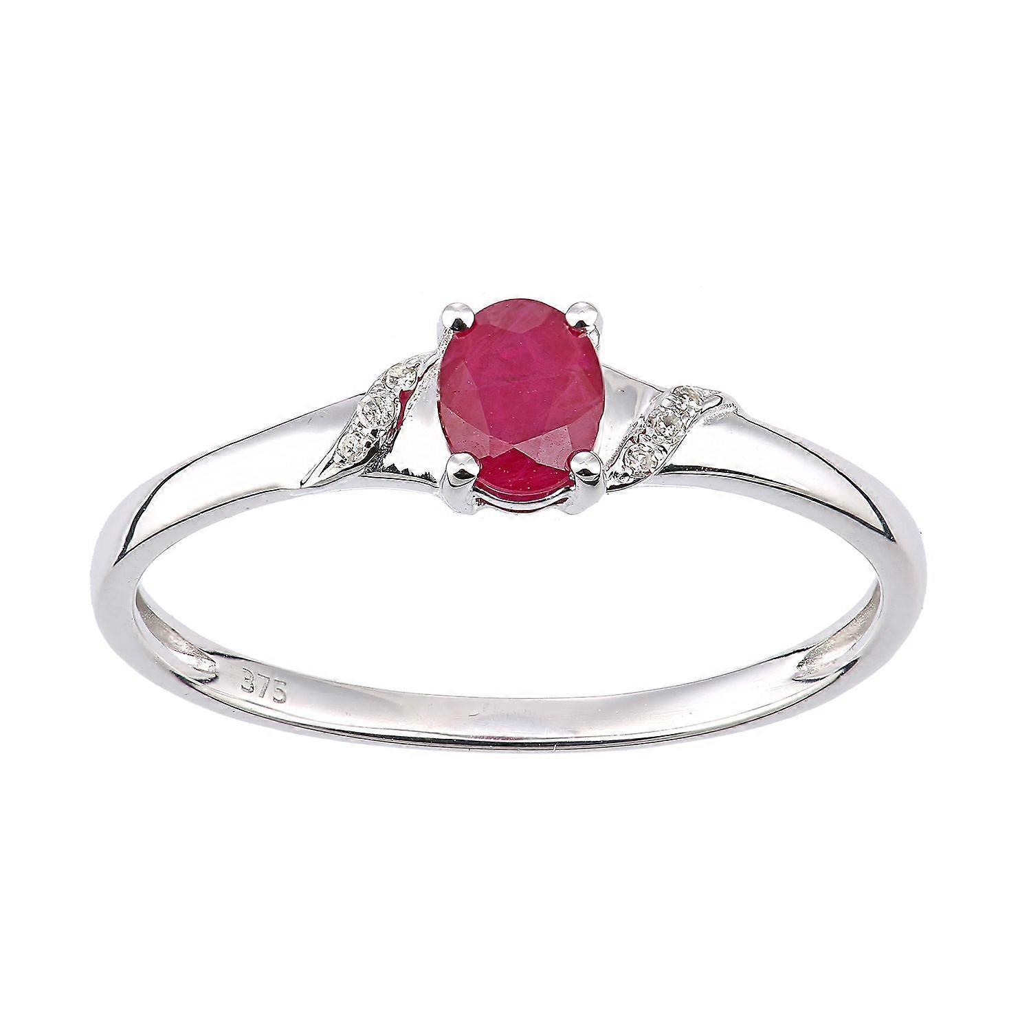 Jewelco London 9ct White Gold Round 2pts Diamond Oval 0.47ct Ruby Ribbon Shoulder Dress Ring