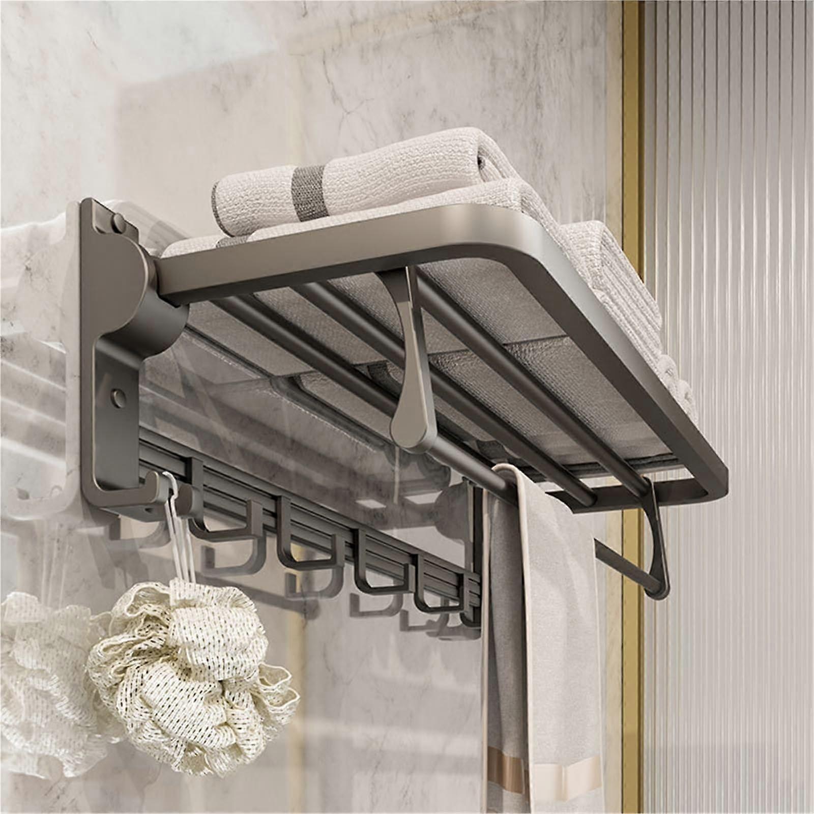 Bathroom Towel Rack 23.6 Inch Wall Mounted Foldable Shelf with Dual Bars and Hooks for Storage