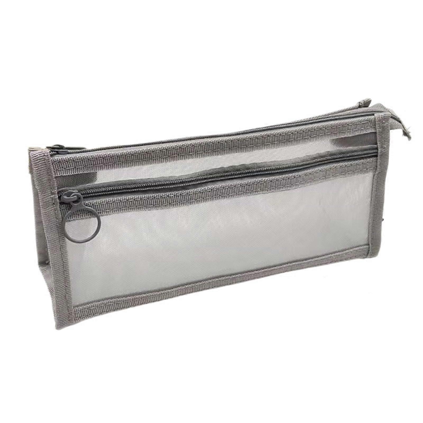 Double Layer Mesh Pencil Case Gray, DirtResistant Transparent Stationery Organizer with Interlayer