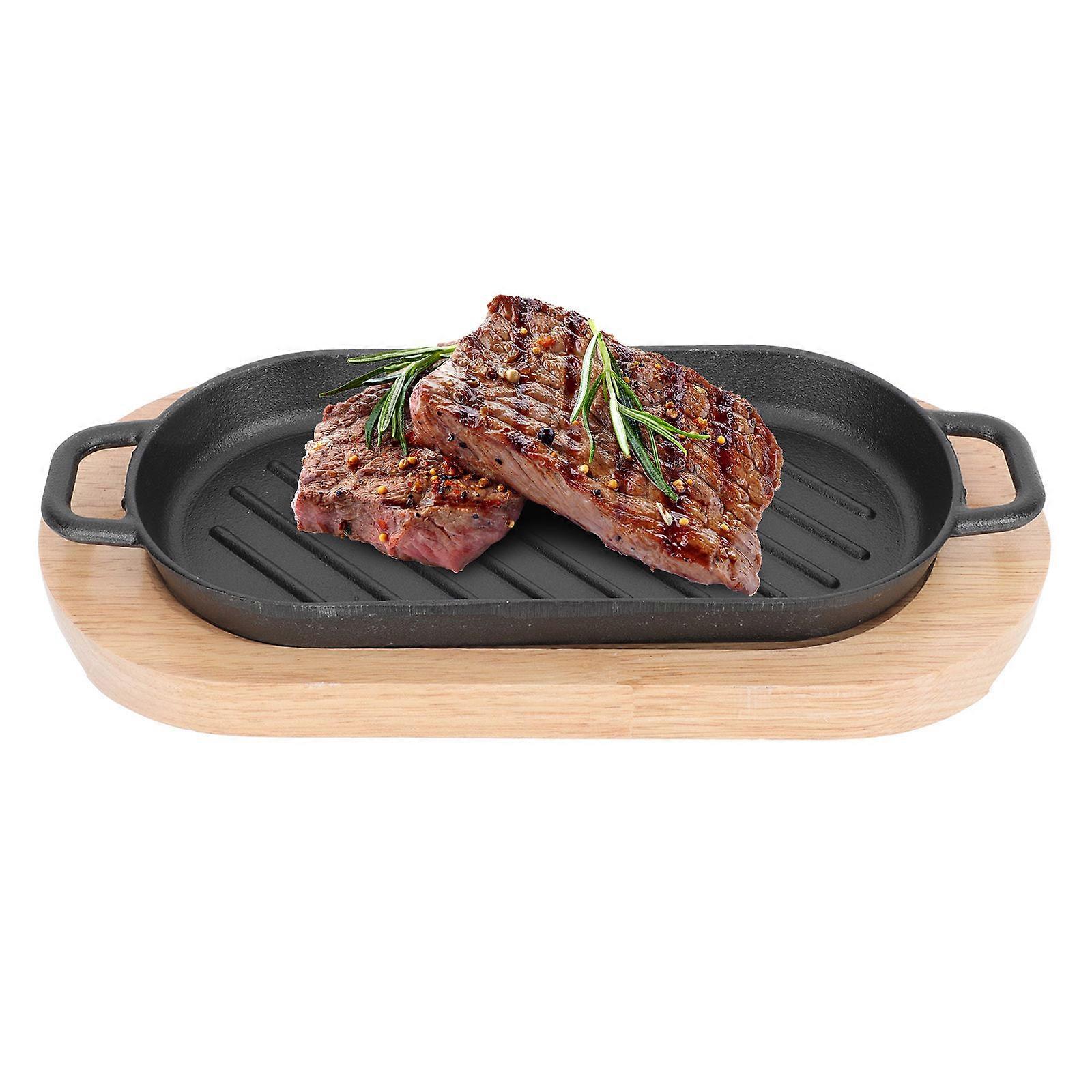 Steak Grill Plate 1 Set Rectangular Grilling Cookware Black Wooden Iron