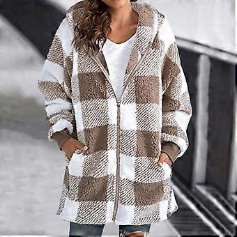 Manteau en peluche pour femme, manches longues, à carreaux, capuche, fermeture éclair, veste polaire ample