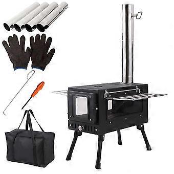 Portable Wood Stove with Foldable Design, SixSection Chimney, Glass Panels for Camping Cooking and Heating