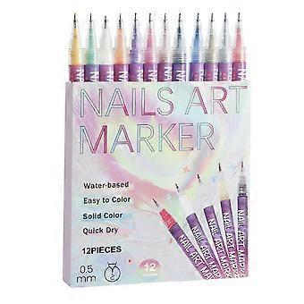 Conjunto de Canetas para Unhas Artísticas com 12 Cores, Marcadores para Unhas à Prova d'Água e de Secagem Rápida para Decoração de Unhas DIY