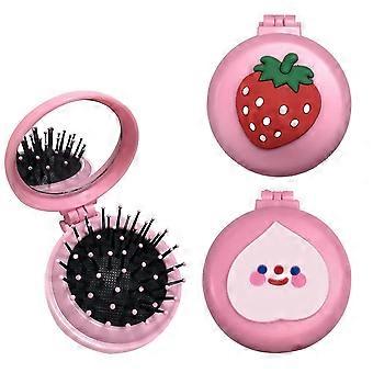 2 Pcs Folding Hair Brush with Mirror Round Folding Pocket Hair Comb with Makeup Mirror