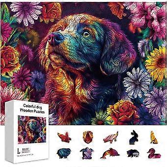 300Pcs Colorful Dog and Flowers Wooden Jigsaw Puzzles for Adults 11.22x15.16inch Colorful Golden Retriever Wood Puzzles Holiday Birthday Gifts