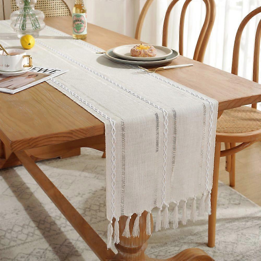 Boho Embroidered Linen-Polyester Table Runner Rustic Farmhouse