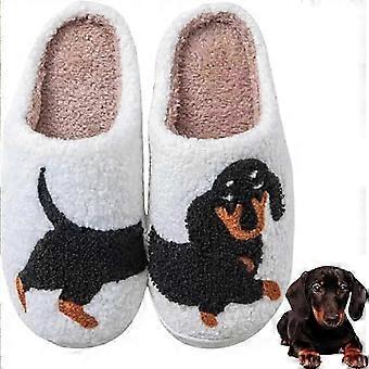 Slippers for Women, Dachshund Print Plush, Non-Slip TPR Sole, Breathable Indoor Footwear Black White