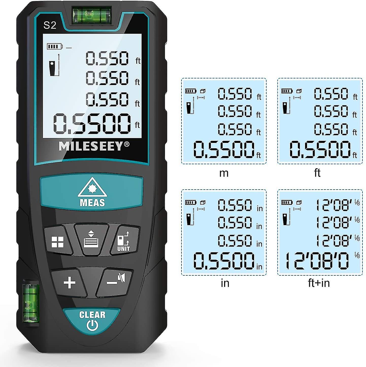 Pxcl 50m Laser Distance Meter, Mileseey 2 Bubble Levels 2mm Digital Laser Meter With Lcd Backlight And 4 Line Display, Ip54 Distance Surface Volu