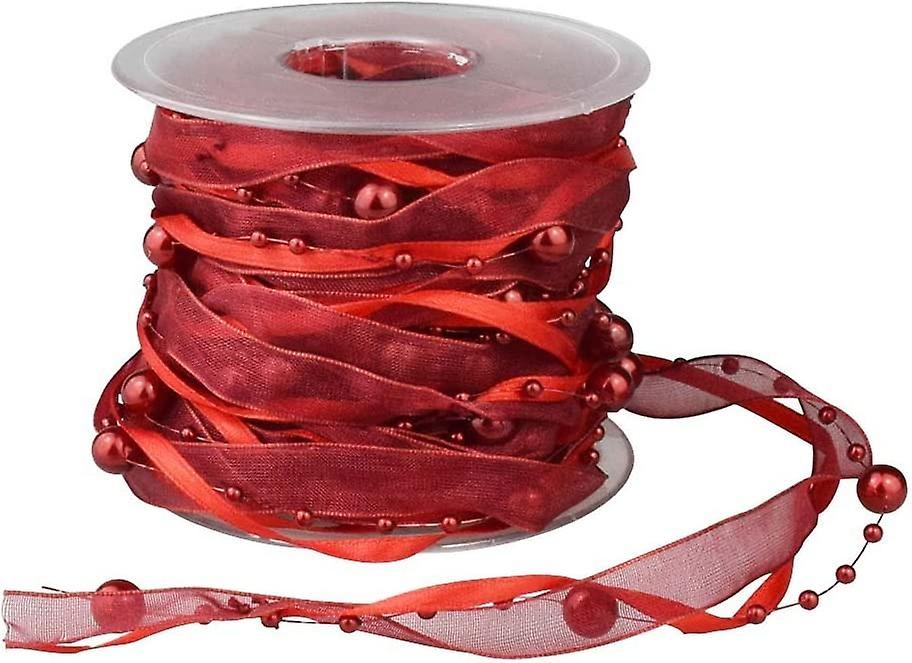 3 Strings Beaded Ribbon, Pearl String, Satin Ribbon and Organza Ribbon, 33 Feet, Burgundy