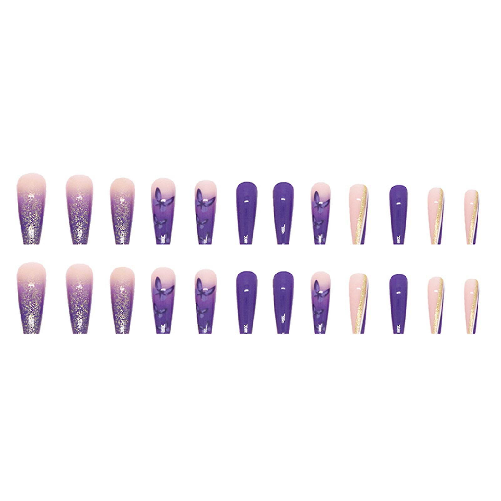 Shiny Sequins Purple Fake Nails Durable & Reusable Not Easy De