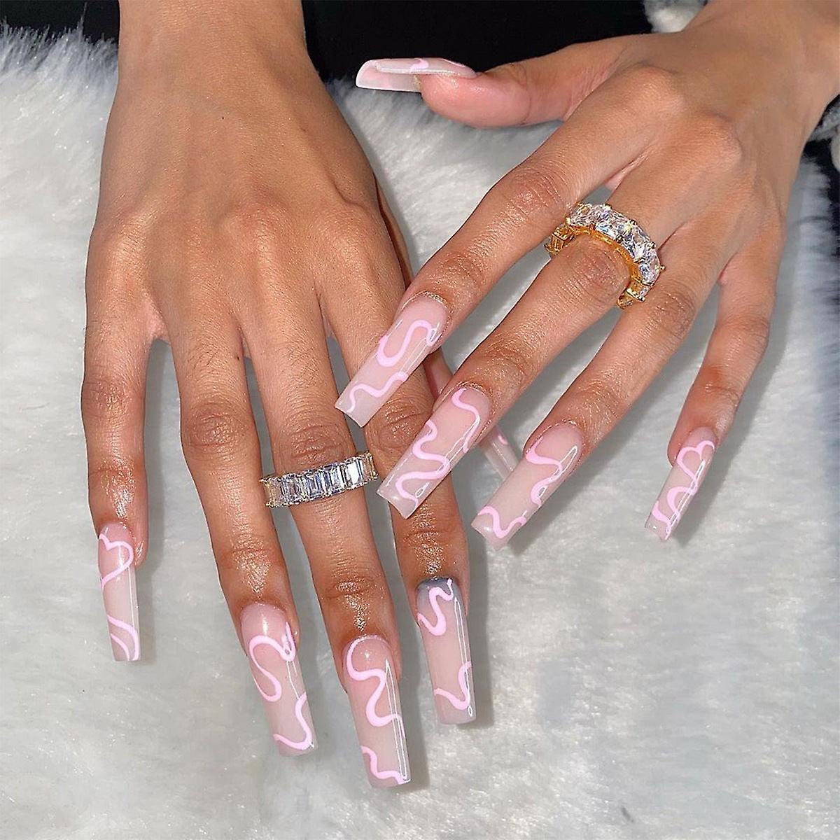 False Nail Tips Fake Artificial Art DIY Finger Cover Simple Wave Pink Long Ballet Finished Product