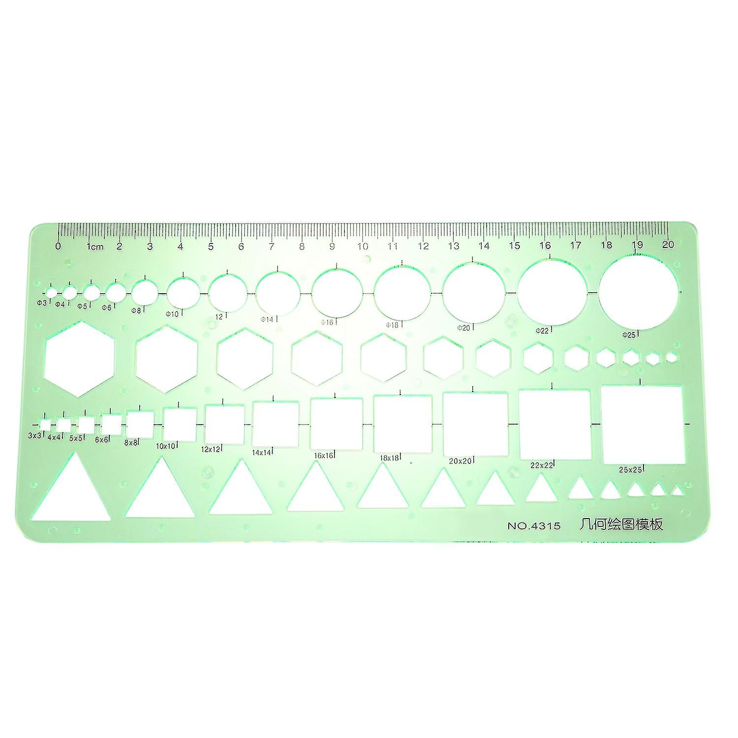 Green Plastic Circles Squares Hexagons Geometric Template Ruler 0-20cm
