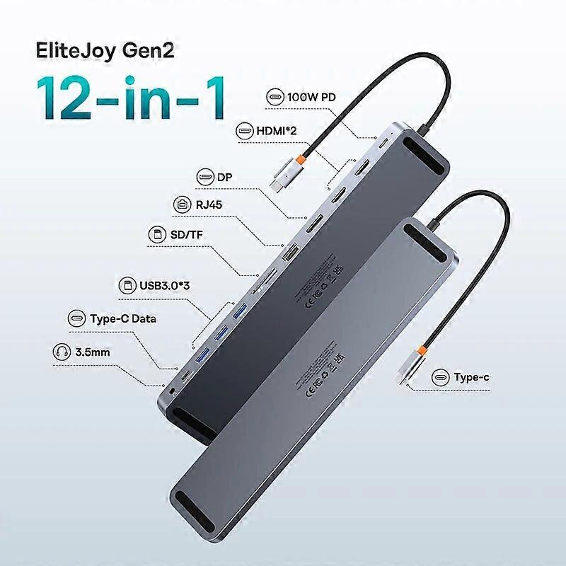 Concentrateur Elitejoy Gen2 12-en-1 Usb C 4k@60hz Dp Dual Hdmi-compatible + Port Gigabit Ethernet + 3*USB 3.0 + Lecteur de carte Tf/sd
