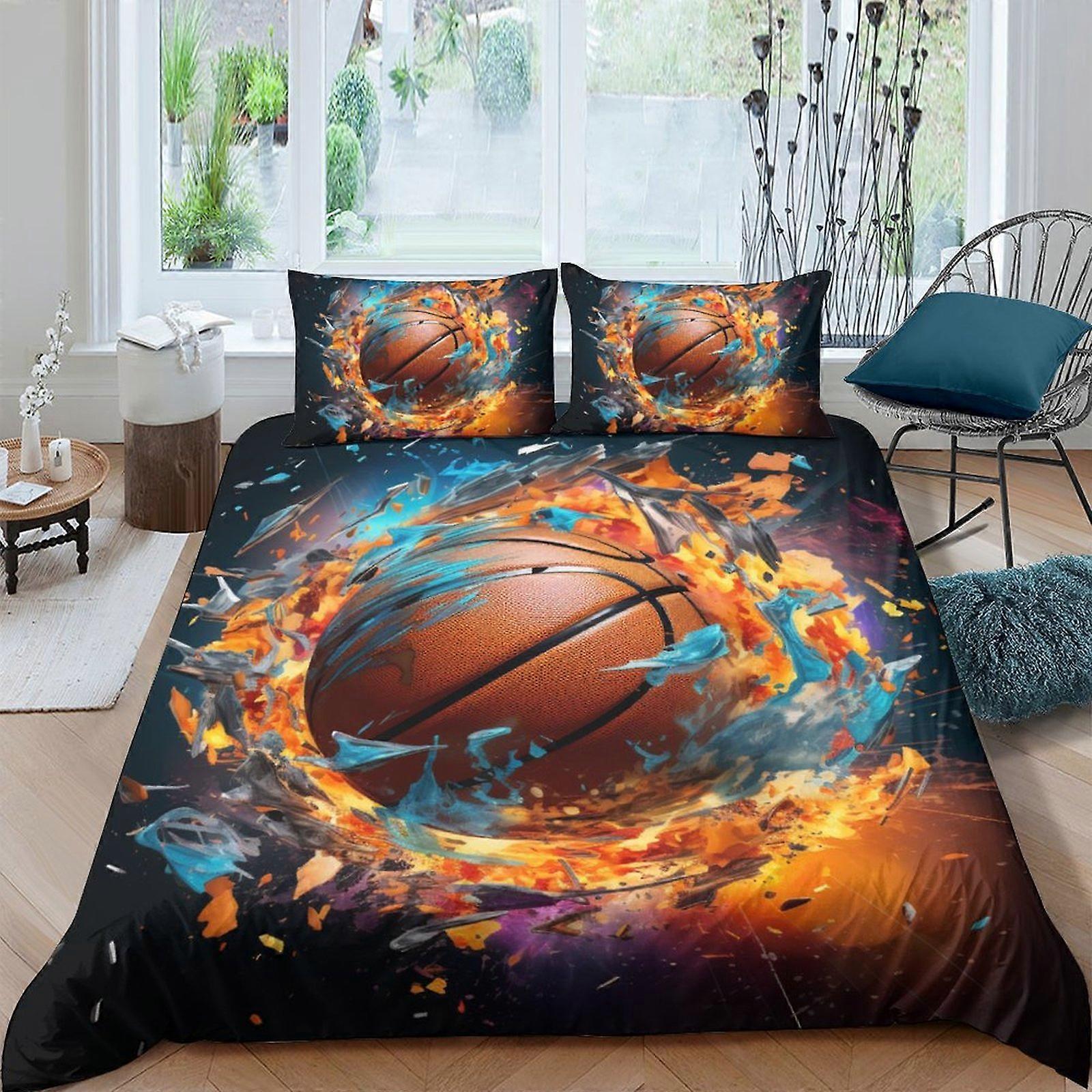 Povlak na přikrývku s hořícím basketbalovým vzorem dvoudílná sada 3D tištěné prostěradlo z ultrajemných vláken třídílná sada