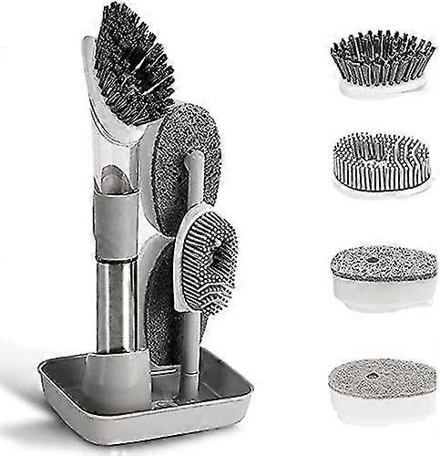 Dish Brush, Soap Dispensing Dish Brush Set With 4 Replacement Heads And Storage Holder, Gray