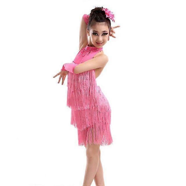 Solid Tassel Dance Dress Latin Salsa Dance Wear Party Costume Stage  Performance Outfit For 4-11 Years