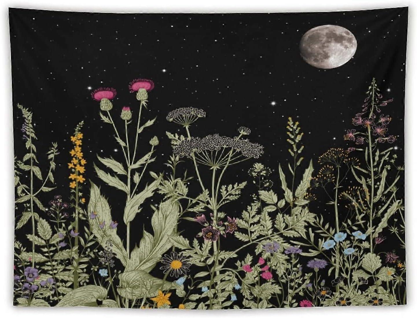 blomsterplanter billedvev veggteppe, vintage blomst sommerfugl måne stjerner billedvev stjernehimmel dekorasjon billedvev for sovesal stue soverom hjem de