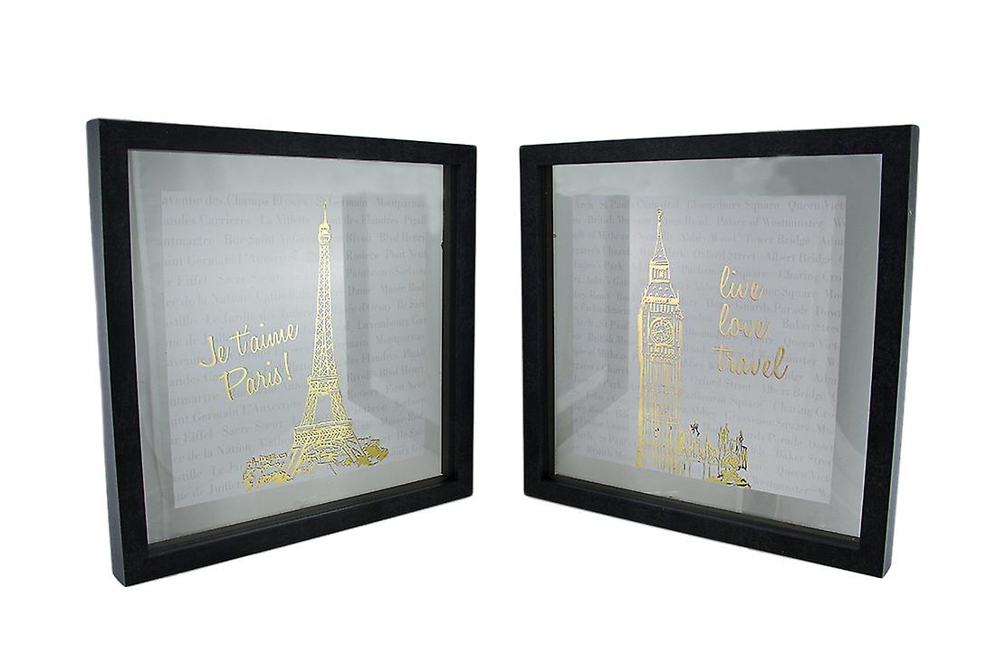 2 Pc. Live Love Travel Foiled Eiffel Tower/Big Ben Wall Hanging Set