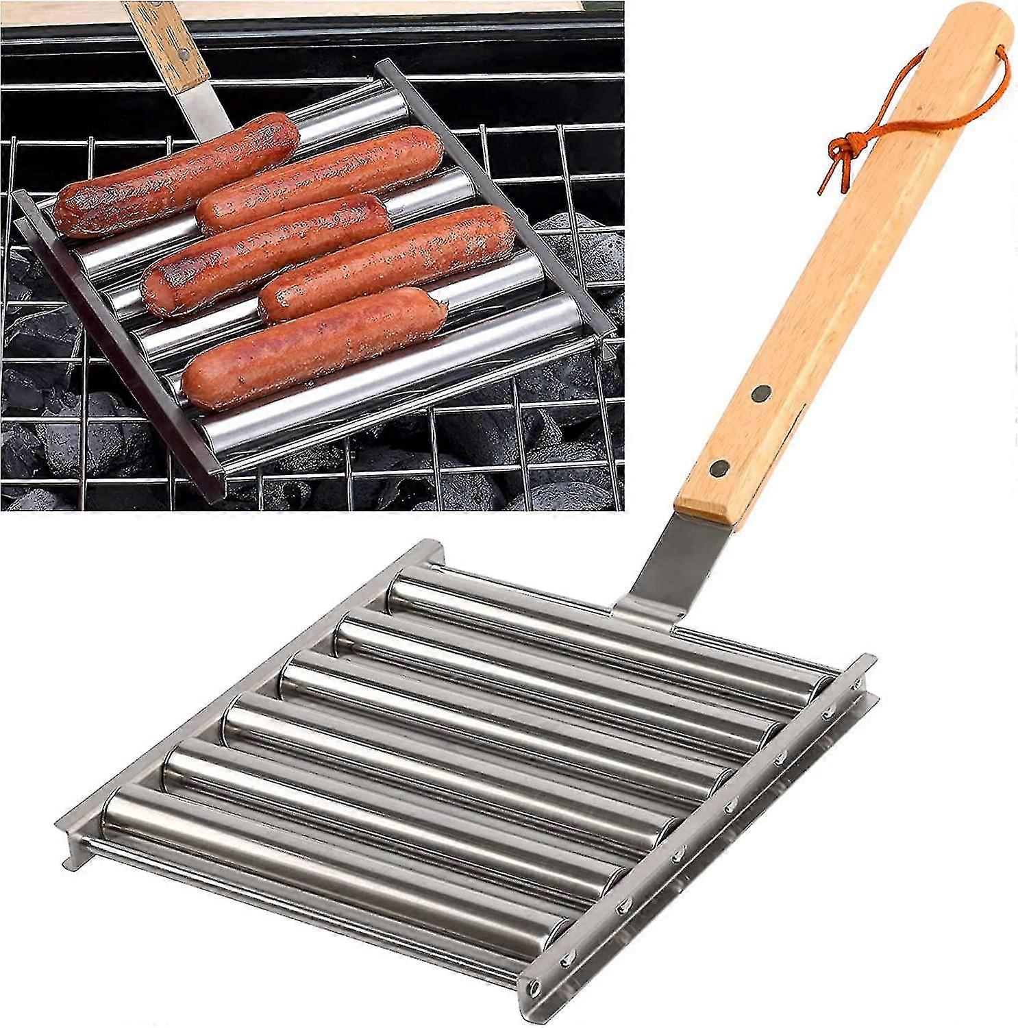 Hot Dog Roller Acier inoxydable Rouleau de saucisse Rack avec poignée en bois extra longue