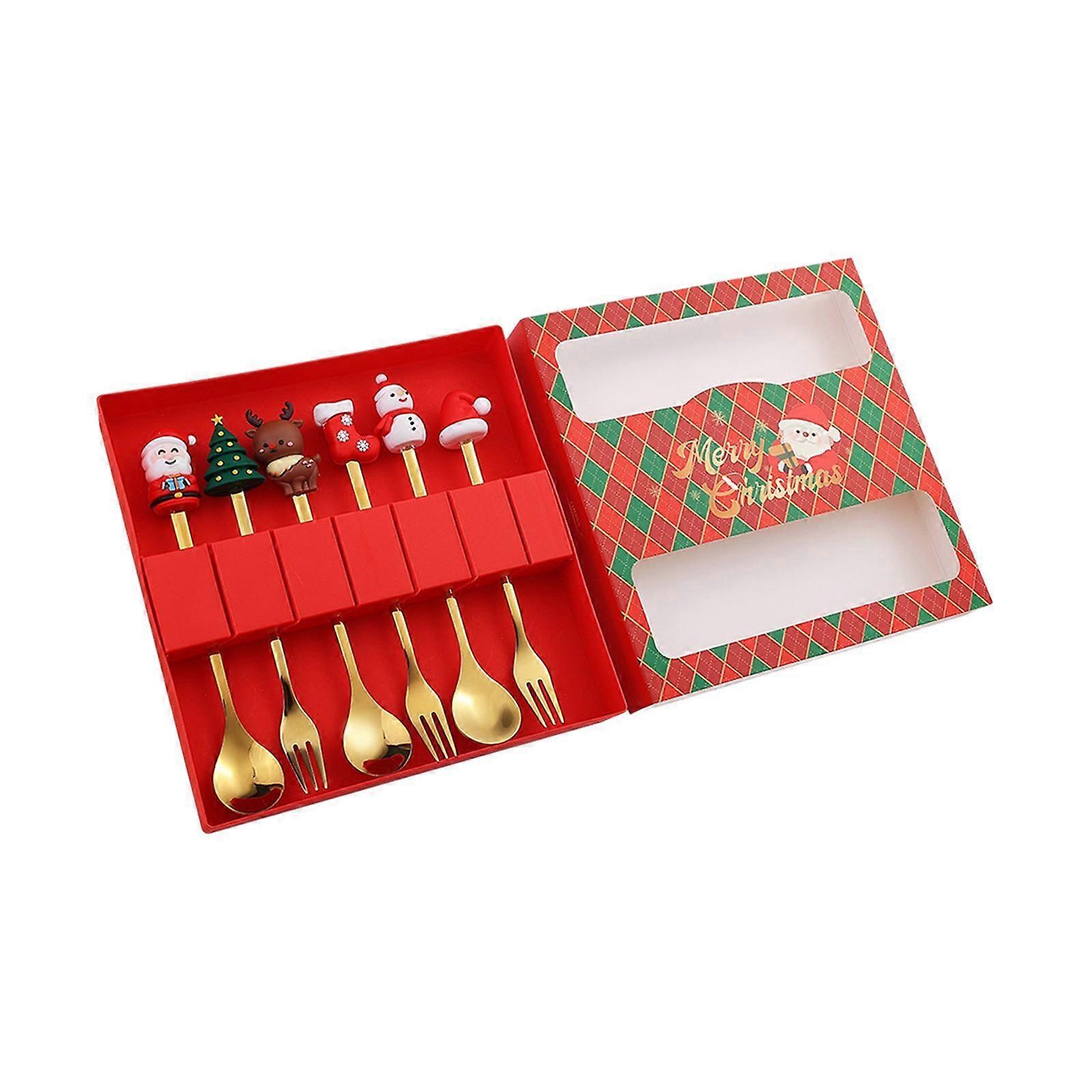6x Christmas Spoons Forks Set Tasting Spoons and Forks for Fruit Sugar Party Red Box