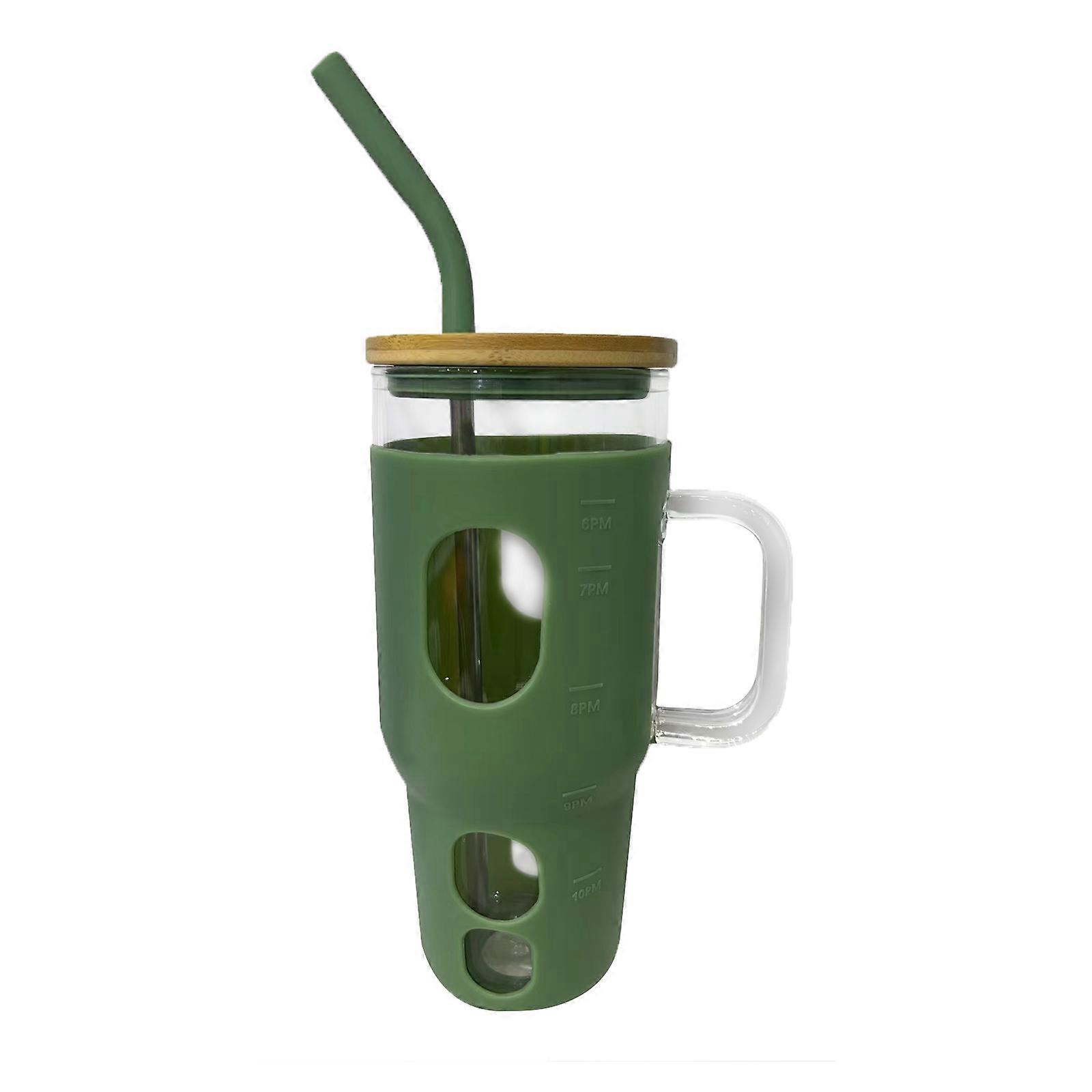 Gobelet en verre avec couvercle en bambou et paille, tasse à café glacée de 32 oz avec poignée, paille Boba et paille à boire s’adapte au porte-gobelet
