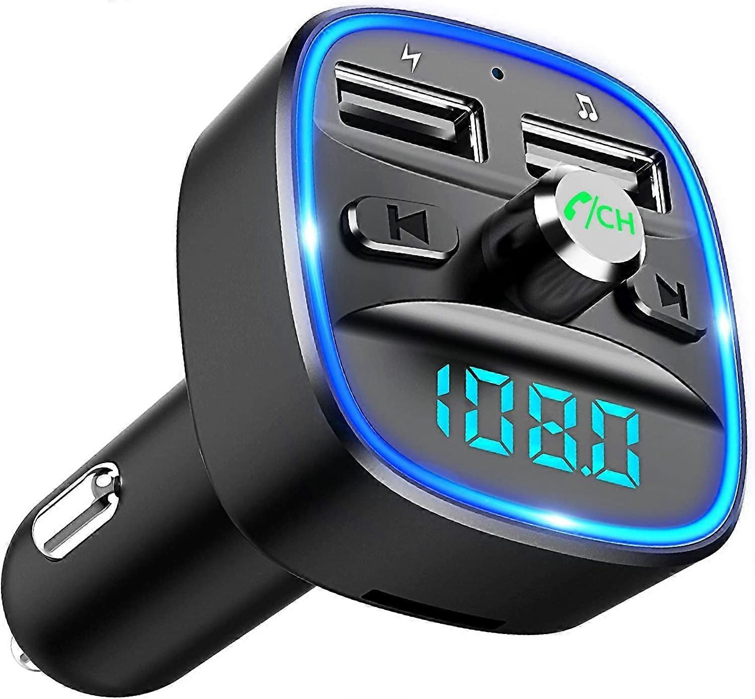 Car Bluetooth FM Transmitter, Wireless Ambient Blue Light Radio Receiver Adapter Kit with Hands-free Calling, Dual Charger