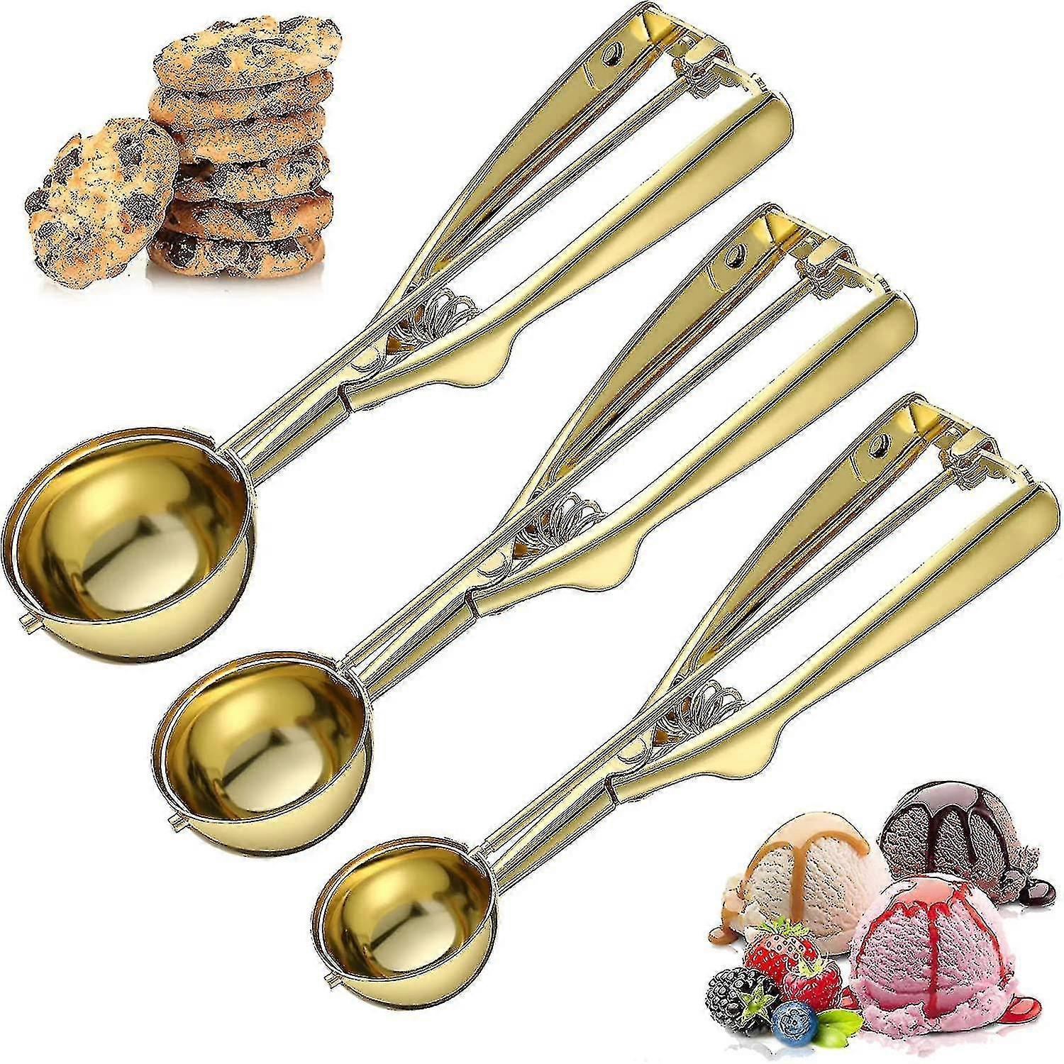 3 Pcs Gold Cookie Scoop Set Ice Cream Scoop Cookie With Trigger Lollipop Cake Pop Release Stainless Steel Cookie Scoops Large Medium Small Size Cupcak