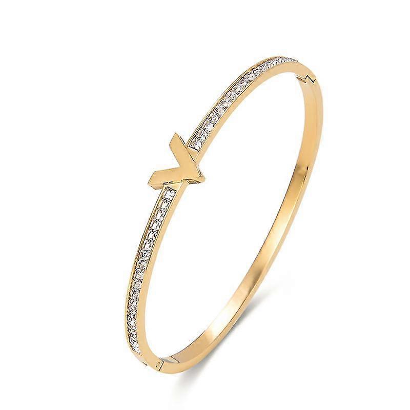 Fysara mais recente clássico incrustação completa pulseira de zircão para mulheres aço inoxidável cor de ouro v design pulseira punho simples joias da moda