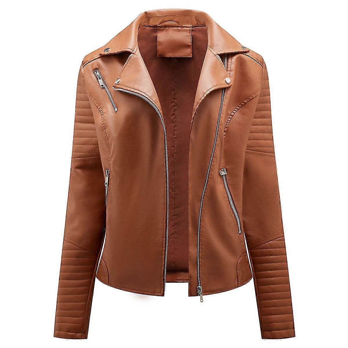 Naiwang Women's Solid Color Lapel Casual Cropped Slim Leather Jacket