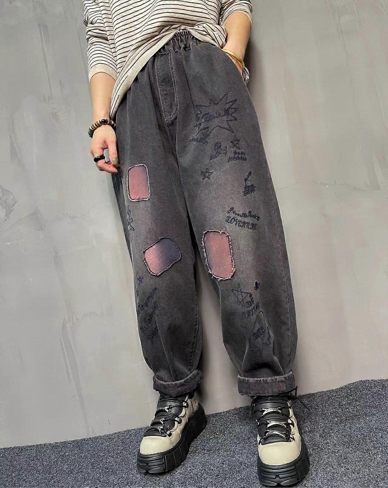 Woman Autumn Literary Vintage Loose Patch Letter Embroidery Oversized Elastic Waist Jeans Trend Streetwear Denim Harem Pants