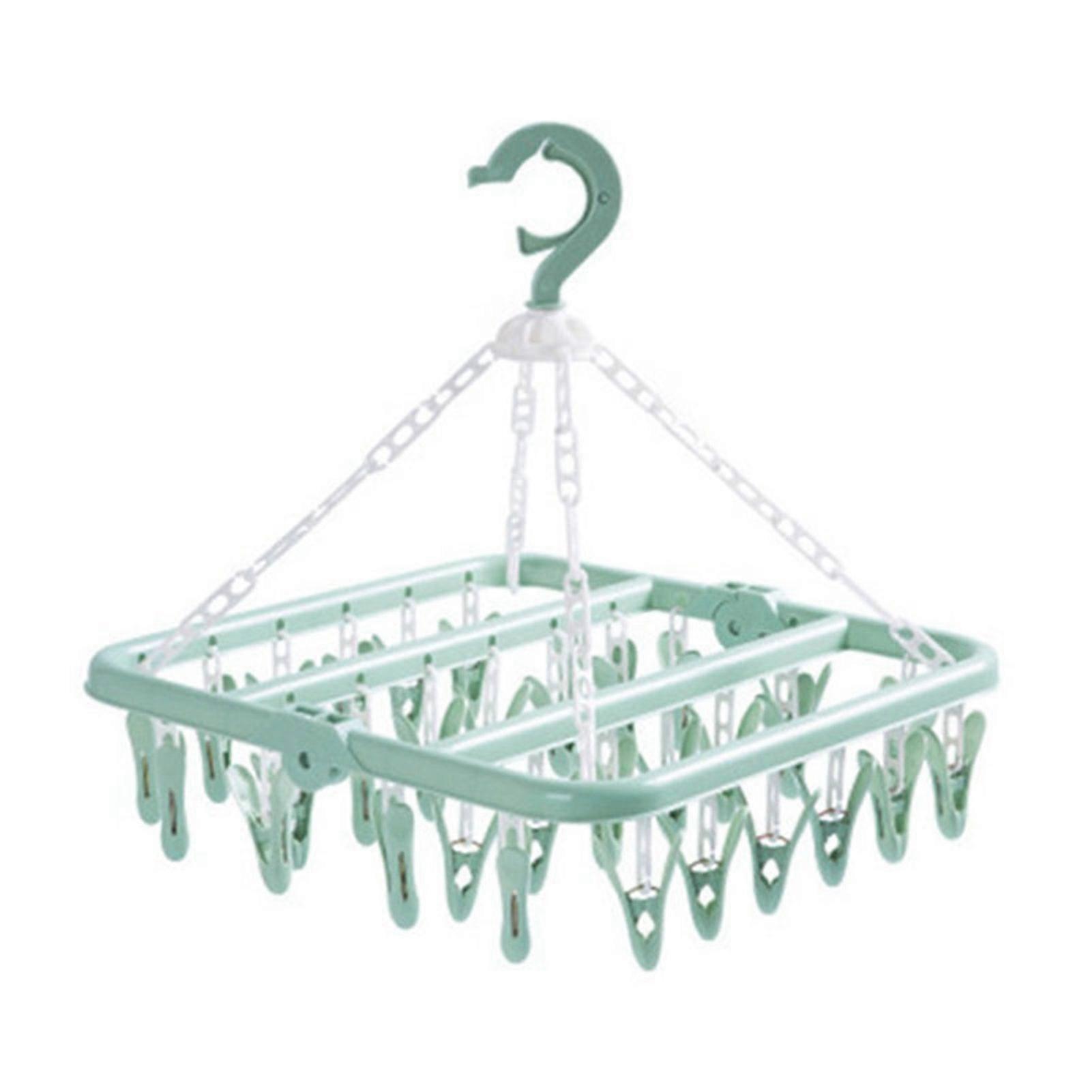 Sock Drying Rack Windproof Foldable Plastic Drip Hanger with 32 Clips for Clothes Green