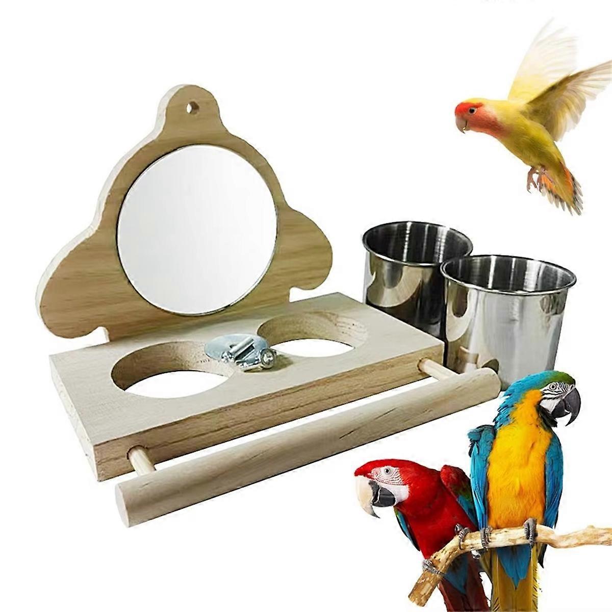 Parrot Perch Wooden Parakeet Mirror Toy Bird Parrot Perch with Mirror and Feeding Cups Cage Play To