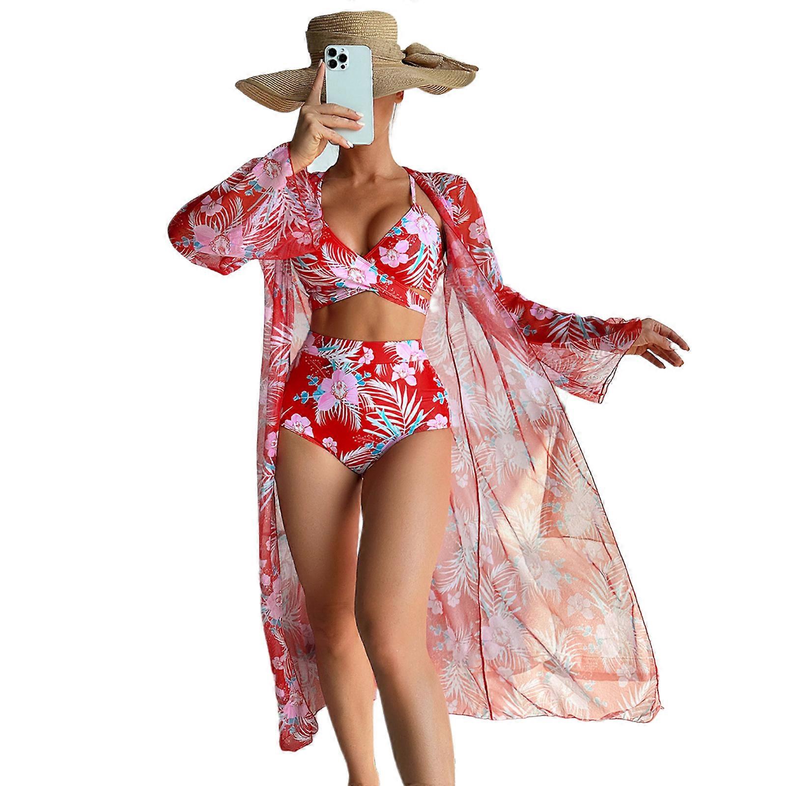 بدلة سباحة مطبوعة بالأزهار للنساء الصيف السراويل البكينية مجموعة ثلاث قطع ملابس السباحة مع غطاء ملابس البحر الأحمر XL