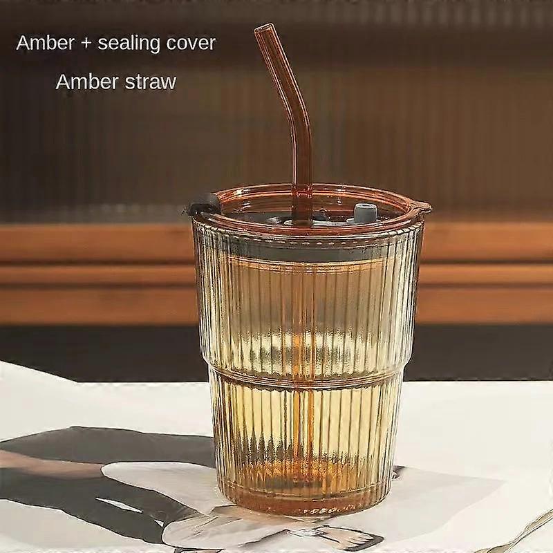 Vertical Stripes Ins Coffee Glass Lid Straw Water Cup Good-looking Ice American Latte Milk Cup Mugs Iced Coffee Cups