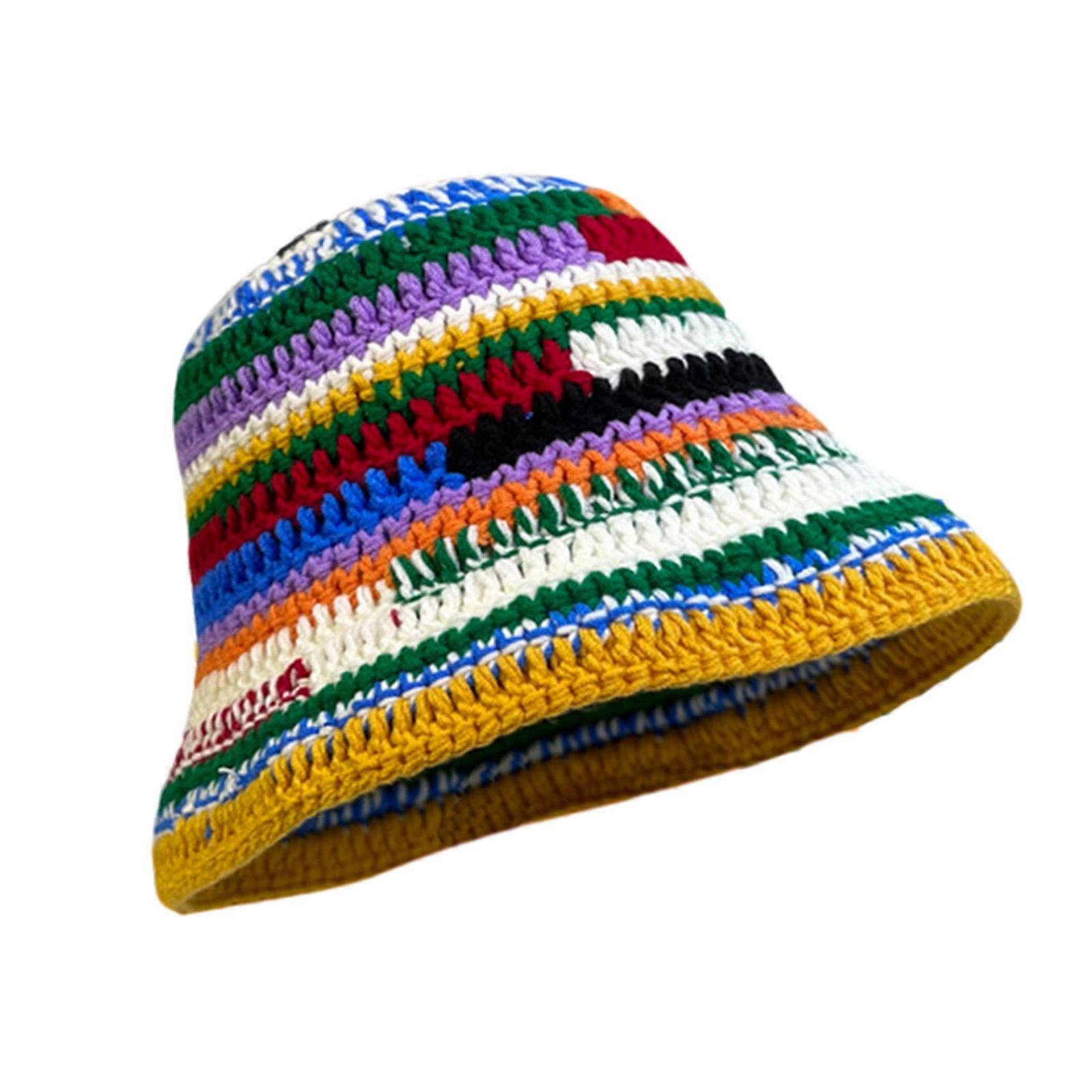 Winter Stripe Pattern Crochet Bucket Hat Ladies Commute Camping Fisherman Cap with Stripe Pattern for Girlfriend  Yellow
